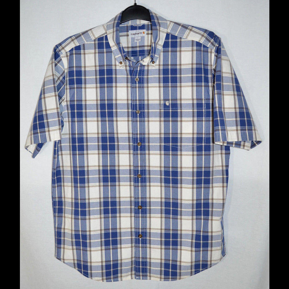Carhartt Casual Shirt Blue/Brown Plaid Cotton Relaxed Fit Button Front S/S Men L